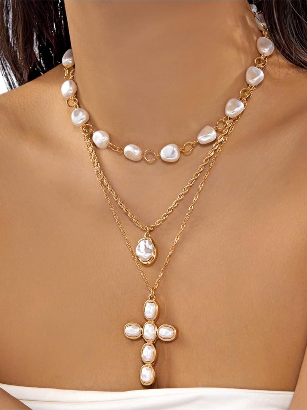 Anthropologie Gold and White Layered Pearl Cross Necklace